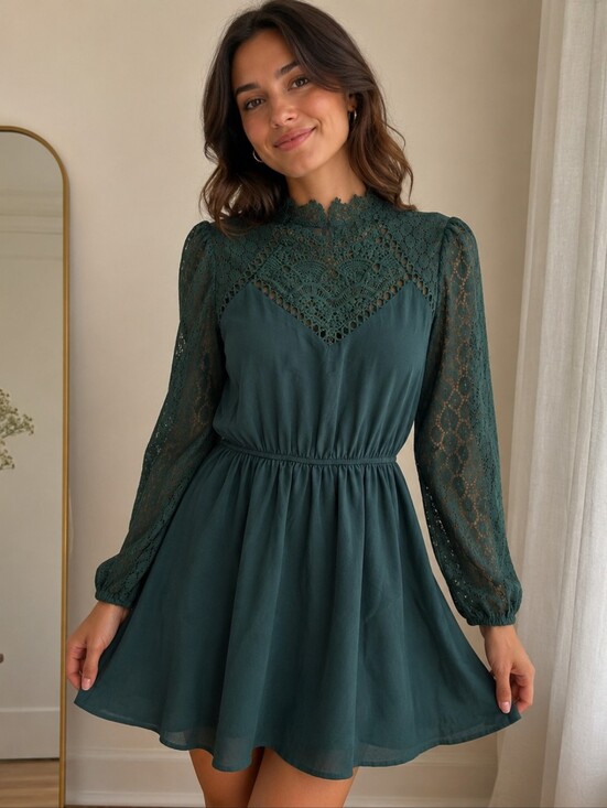 SHEIN Dresses & Skirts - Shein Dark Green Lace-Bodice Long-Sleeve Mini Dress